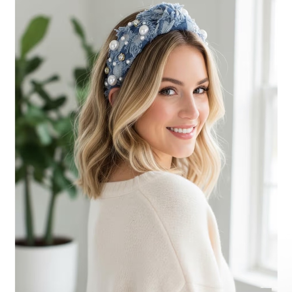 Light Denim Pearl Embellished Headband - Picture 3 of 7